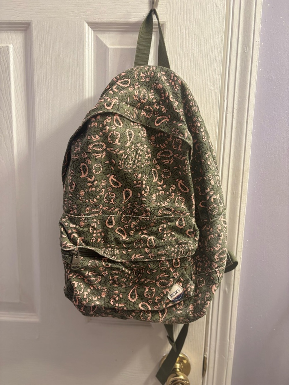 Roxy Olive Green Paisley Print Backpack with Pink Accents
